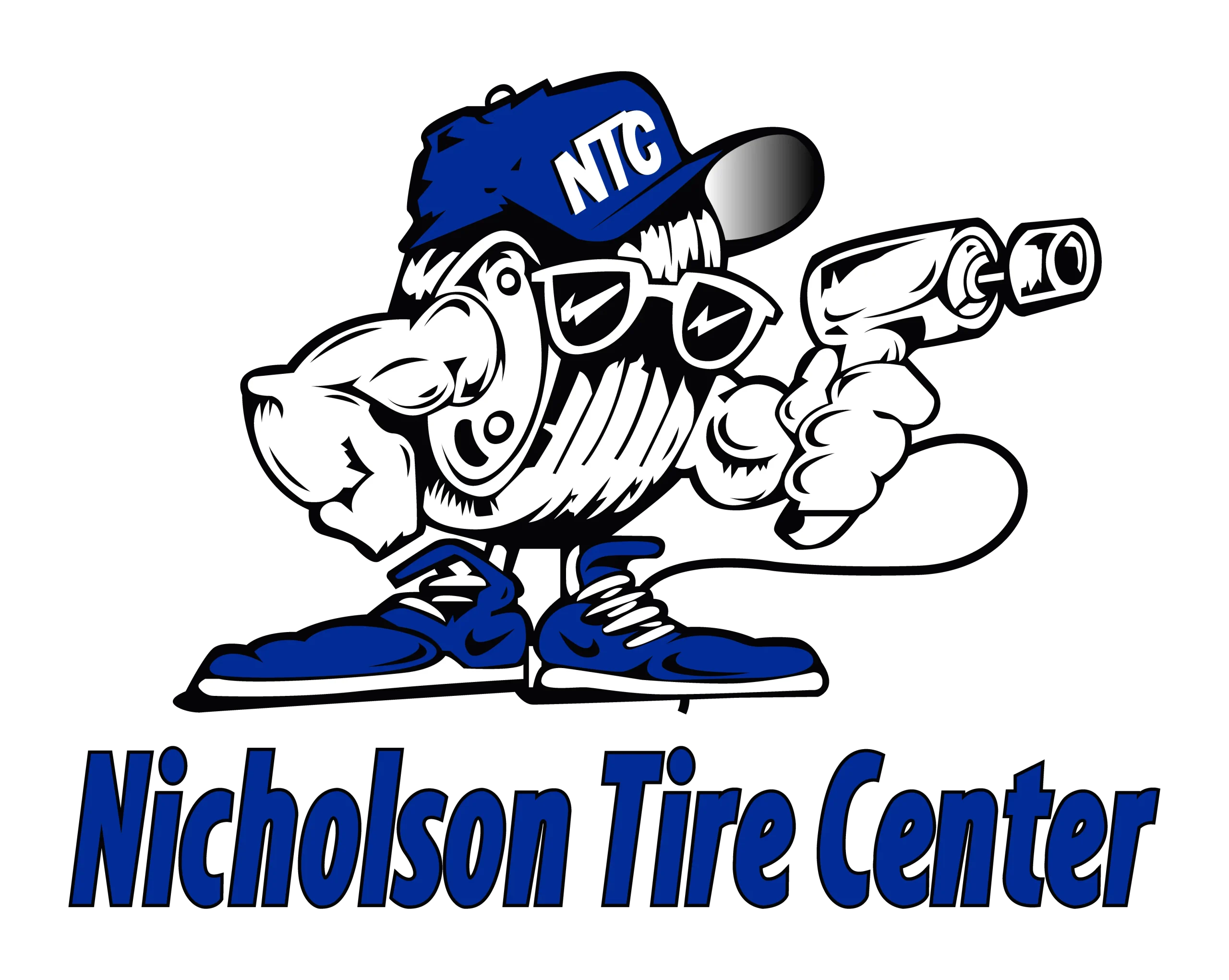 Nicholson Tire Center logo, a tire mascot with sun glasses and a blue hat holding an air impact wrench